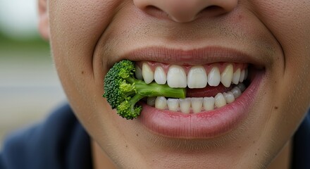 Person biting into fresh vibrant broccoli, a healthy eating concept captured close up