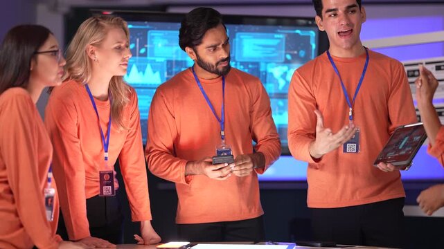 A data analytics team in a command center reviews a live data dashboard. They are collaborating on a strategy, analyzing key performance indicators and market intelligence data.
 - Powered by Adobe