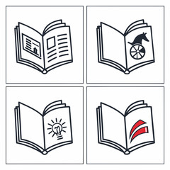 Four distinct open book icons featuring simple line art illustrations of a house a horse drawn chariot a lightbulb and abstract red shapes representing knowledge or information