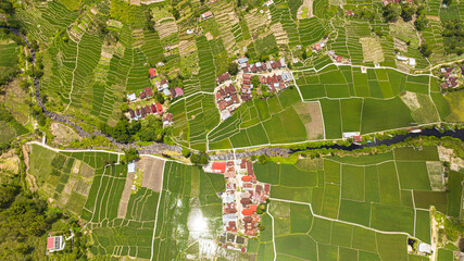 Aerial view of farmland with planting vegetables. Agricultural landscape in Sumatra, Indonesia.