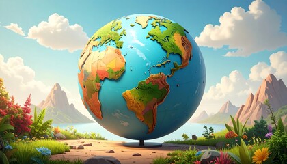 Cartoon globe rests on a pedestal amidst a lush, vibrant landscape