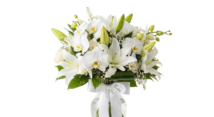 Orchid and lily flower arrangement in vase on white background