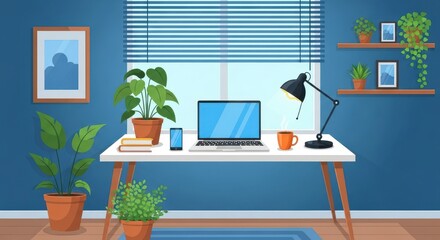 Cozy home office setup with laptop plants and desk lamp
