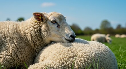 Obraz premium Close up of two sheep resting in green meadow