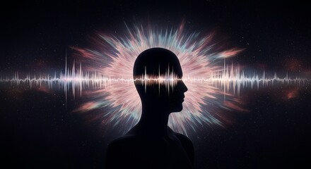 Mindful silhouette with vibrant energy pulse and sound wave visualization