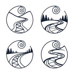 Set of four circular minimalist line art logos depicting winding roads or rivers through stylized landscapes with rolling hills and evergreen trees