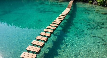 Wooden footbridge over turquoise lake