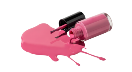 Pink nail polish spilled on white background