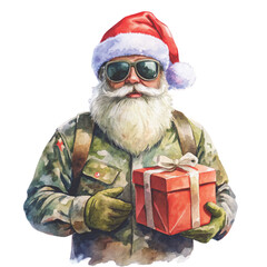 Santa Claus wearing a camouflage military hat black sunglasses holding a colorful gift box clipart watercolor white background
