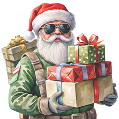 Santa Claus wearing a camouflage military hat black sunglasses holding a colorful gift box clipart watercolor white background

