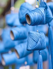 Close-up of multiple, hanging, vibrant blue thread spools and tassels