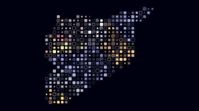 Syria animated country shape. Pulsating colored dots on the map of the country. Large size rounded square blocks. Digital style Syria map on dark background. Awesome animation video.