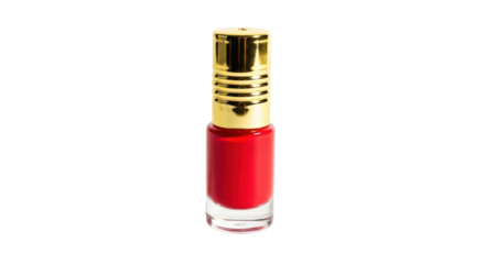 Red nail polish bottle with golden cap isolated on white background