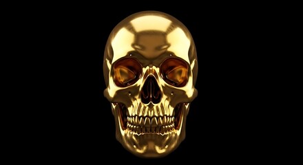 A polished, golden skull, meticulously detailed, stands out against a deep black backdrop.
