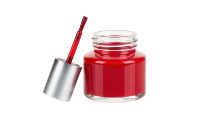 Open bottle of red nail polish on white background