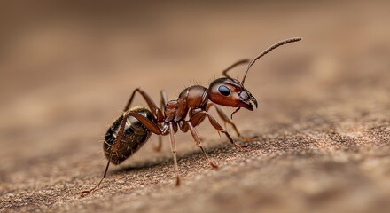 Stunning macro shot of a solitary ant exploring textured ground, showcasing intricate detail and life