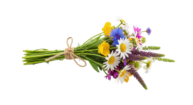 Bouquet of colorful wildflowers tied with twine, isolated on white background