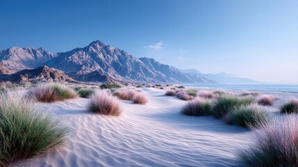 Expansive Desert Landscape with Rolling Sand Dunes Rugged Mountains and Vibrant Blue Sky in Sunny Weather