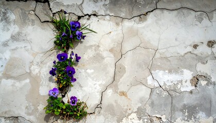 Purple pansies in cracks of a weathered wall