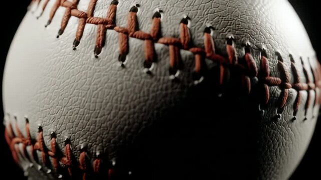A detailed macro shot of a classic white leather baseball with iconic red stitching slowly rotating in dramatic lighting against a pure black background highlighting the texture and seams.