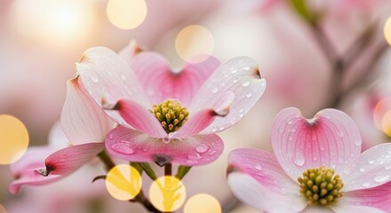 Obraz premium Fresh pink and white flowers covered with morning dew drops shining in sunlight. Beautiful floral background symbolizing freshness, purity, and natural beauty, perfect for spring, romance, and nature 