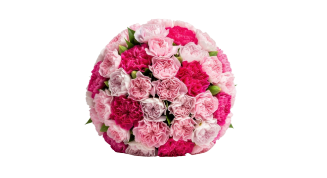 Bouquet of light and dark pink carnations on white background