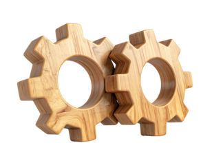 Two wooden gears interlocked, 3D render
