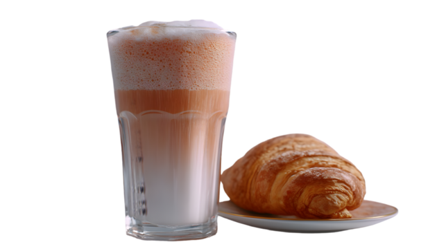 Classic croissant completes tasty milkshake breakfast isolated on white