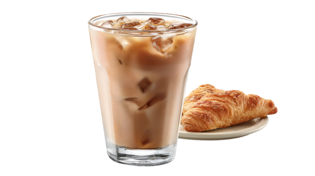 Classic croissant completes tasty milkshake breakfast isolated on white