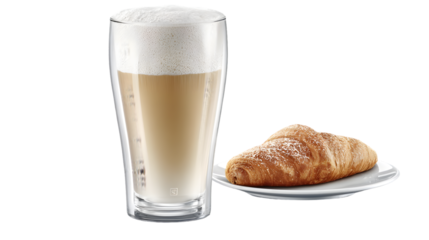 Soft croissant joins fruity mango milkshake isolated on white