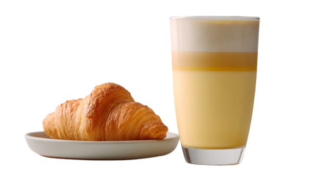 Soft croissant joins fruity mango milkshake isolated on white