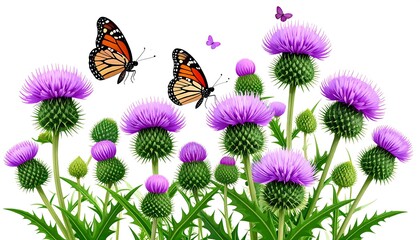 Purple thistle flowers and monarch butterflies