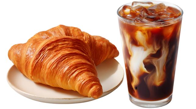 Warm croissant balances cold caramel milkshake isolated on white