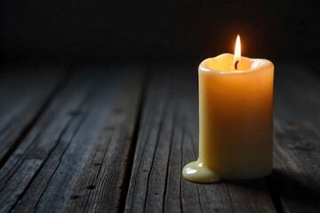 A single, unlit church candle rests on a dark wooden surface, wax dripping slightly down the side, exhibiting subtle textures and shadows ,  light,  church candle