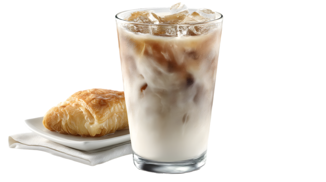 Crispy croissant stands next to frothy coffee milkshake isolated on white - Powered by Adobe