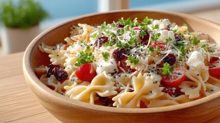 Farfalle Pasta Salad with Tomatoes and Mozzarella in Wooden Bowl Overhead Shot