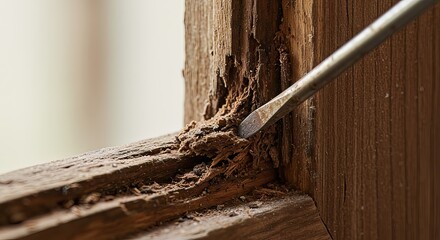 Chisel scraping damaged wood, revealing decay and rot in detail