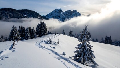 Snowy mountain vista with a trail