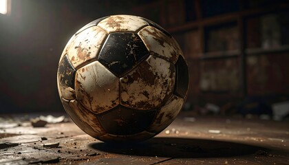 Old, worn soccer ball in dusty, dimly lit attic