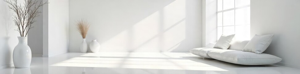 A stark white room, bathed in sunlight, features minimalist decor and stark white furniture, conveying a sense of serene emptiness and impending end , home decor, passing
