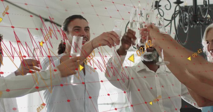 Colleague raising flute triggers business team toasting success in reception with animated bubbles