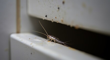 Silverfish pest crawling on dusty surface indoors, close-up macro detail