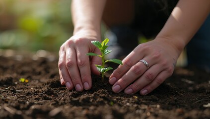 Nurturing new beginnings hands carefully planting a vibrant seedling in rich soil symbolizing growth sustainability and a brighter future for generations to come