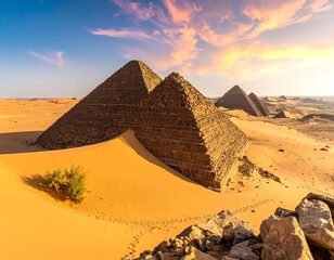 Pyramids in desert sunset