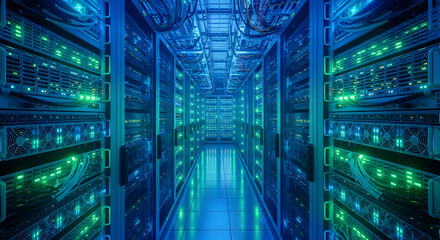 Modern data center with rows of server racks, glowing lights, and advanced technology