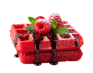 Ultra-detailed 8K PNG of a freshly baked red velvet waffle drizzled with dark chocola 599121