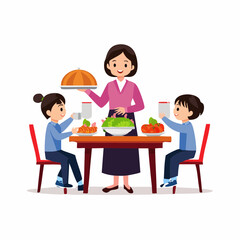 テーブルで待つ子供にご飯を配膳するお母さんのベクターイラスト素材