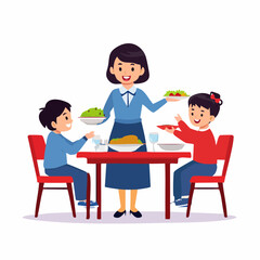 テーブルで待つ子供にご飯を配膳するお母さんのベクターイラスト素材