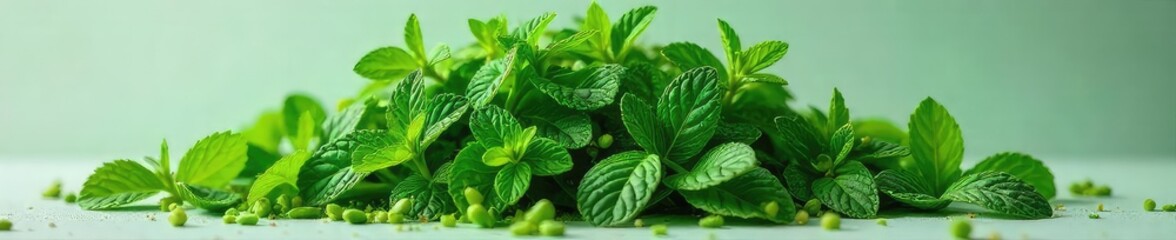 A vibrant mound of fresh peppermint leaves, stems, and blossoms overflowing, creating a lush, fragrant pile Perfect for culinary, herbal, and aromatherapy contexts , macro, green