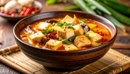 Macro shot of savory hot and sour soup with tofu and mushrooms, emphasizing authentic Asian flavors and fresh, appetizing ingredients
